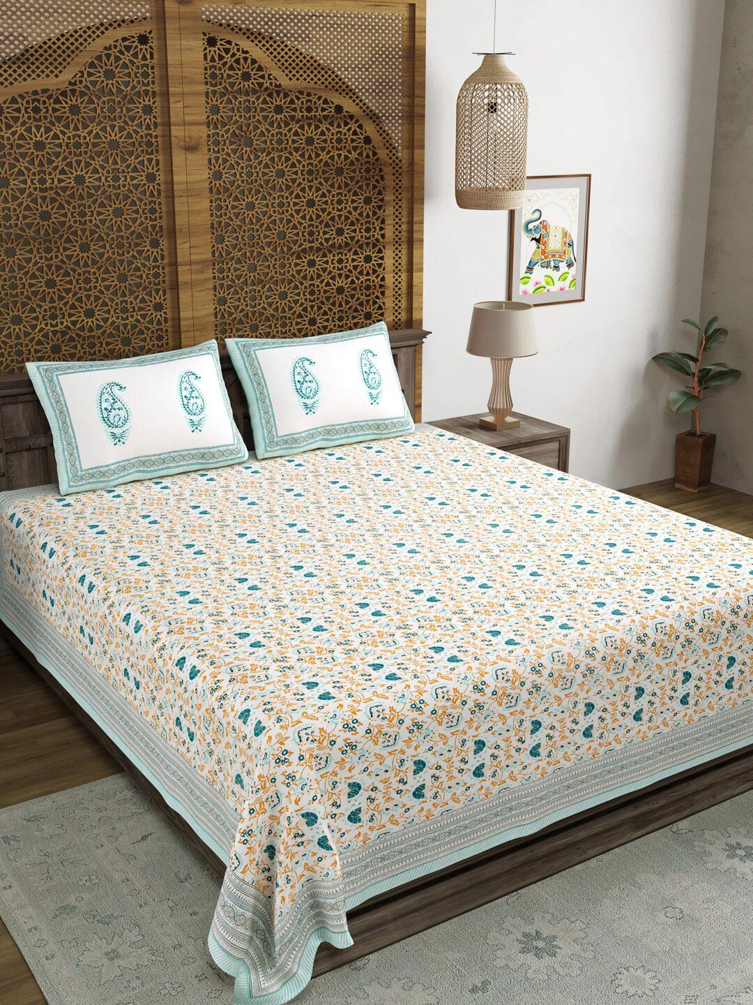 BLOCKS OF INDIA White Floral Cotton 250 TC King Fine Bedsheet with 2 Pillow Covers-229 x 2.74 cm