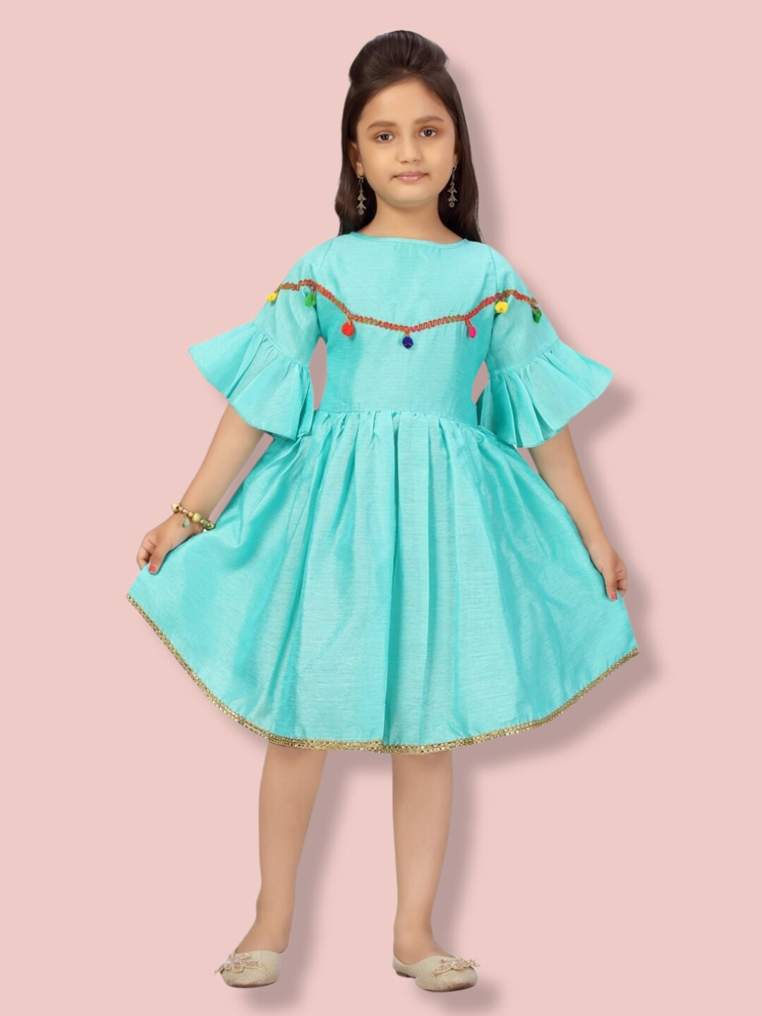 Aarika Girls Bell Sleeves Gathered Fit and Flare Dress