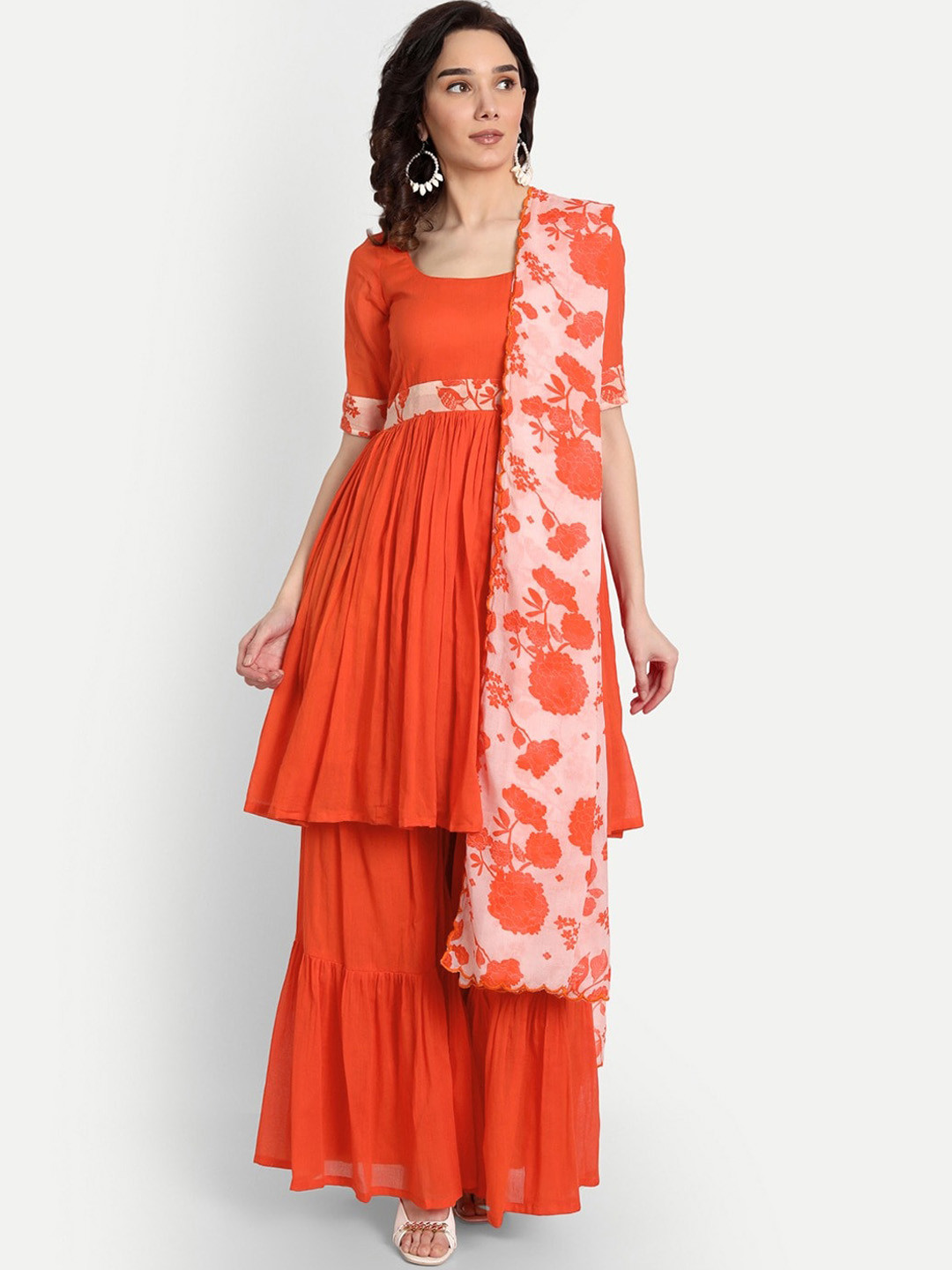 KAPASRITI Pleated Pure Cotton Kurta with Sharara & With Dupatta