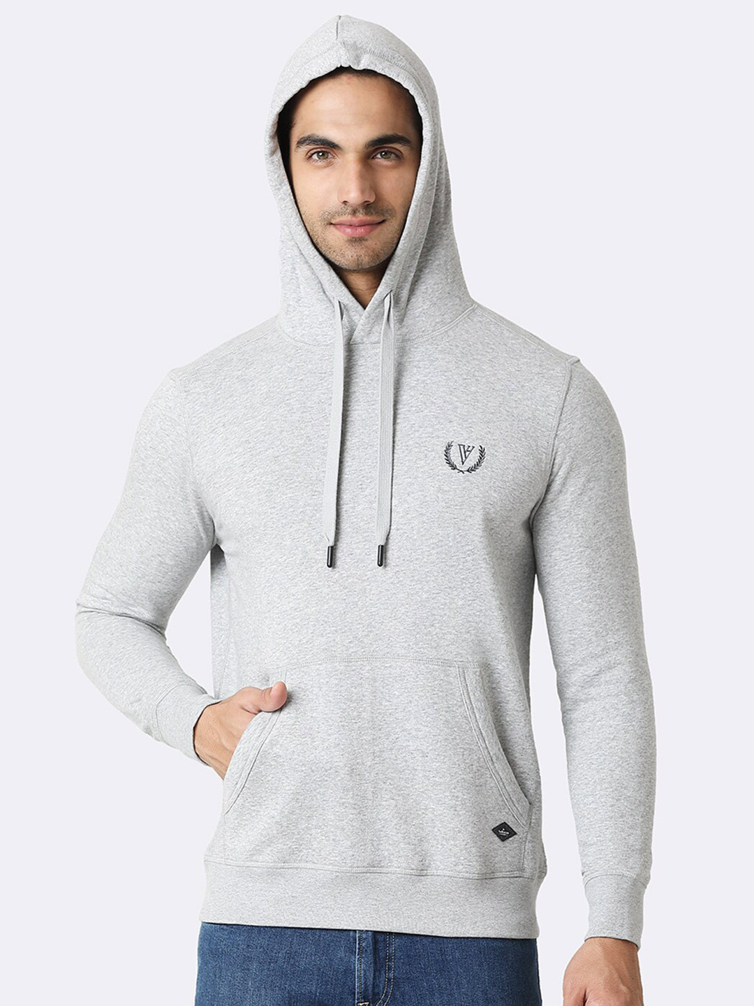 Van Heusen Innerwear Men Grey Solid Hooded Neck Media Pocket Sweatshirt
