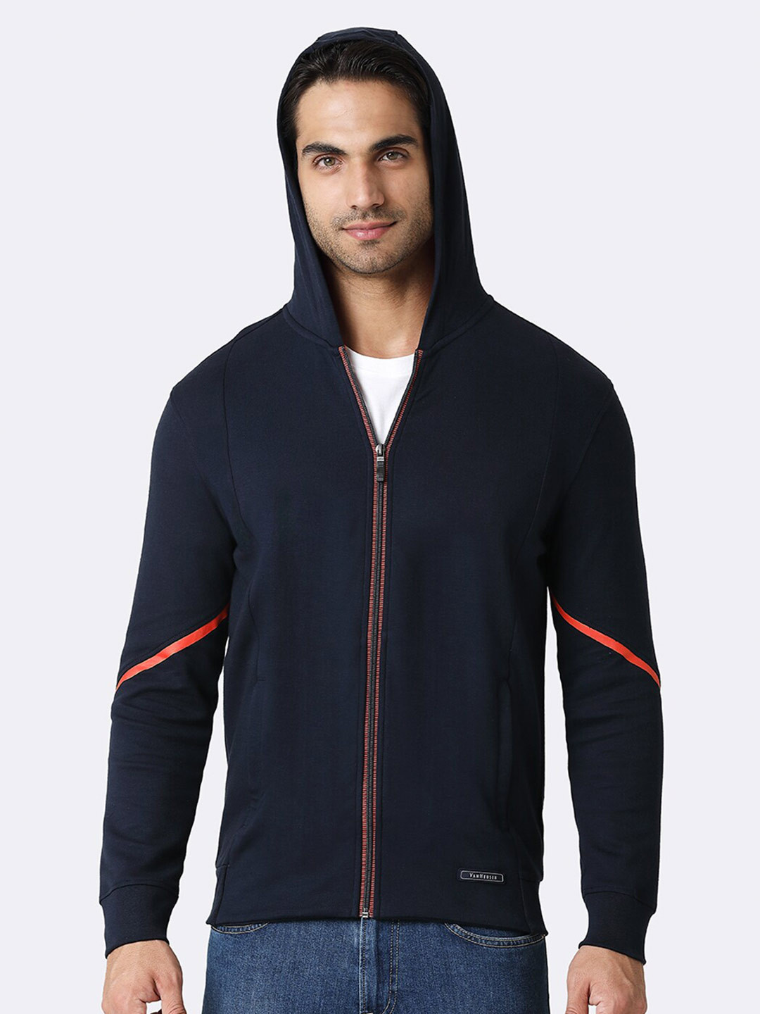 Van Heusen Innerwear Men Black Solid Hooded Neck Media Pocket Sweatshirt