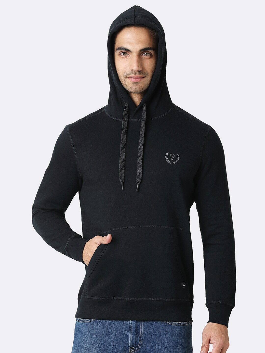 Van Heusen Innerwear Men Black Solid Hooded Neck Media Pocket Sweatshirt