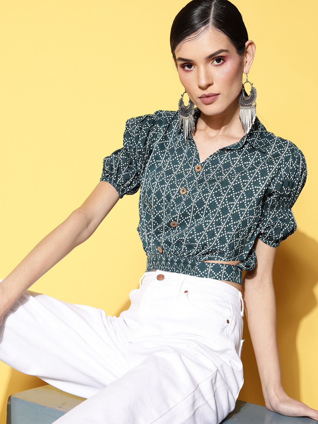 Yufta Teal Geometric Print Shirt Style Cotton Crop Top