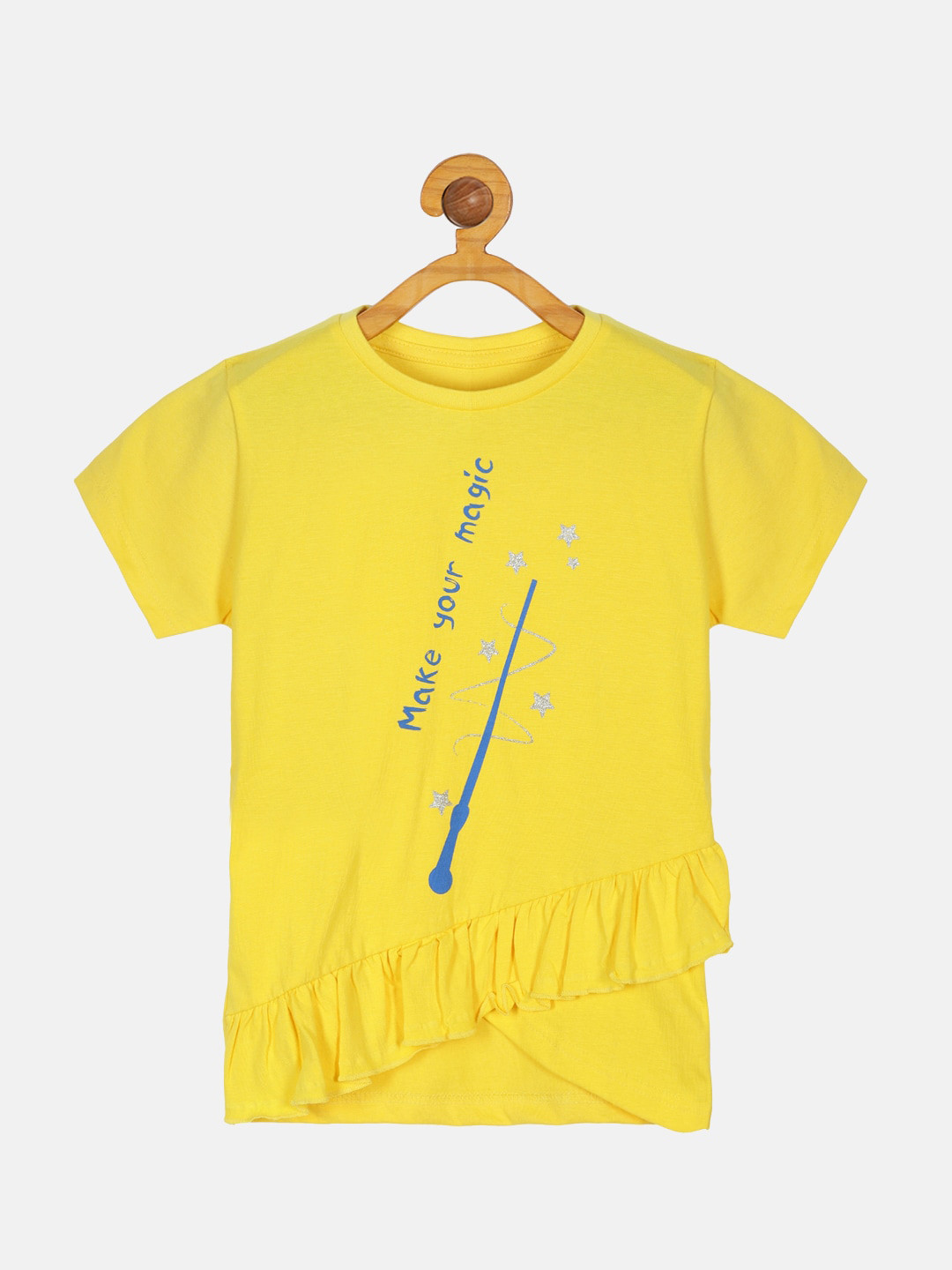 KiddoPanti Girls Typography Printed Frilled T-shirt