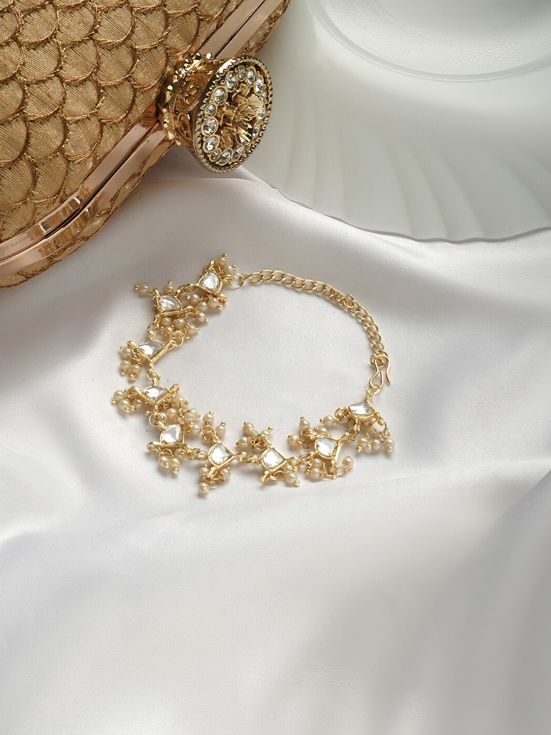 TEEJH Women Pearls Gold-Plated Link Bracelet