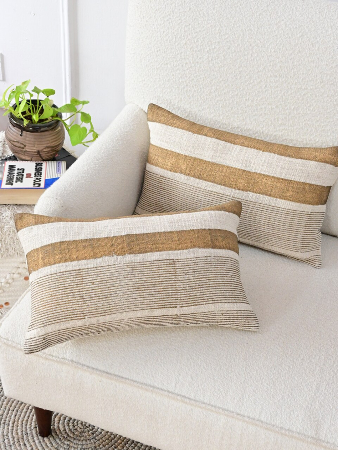 Art Avenue Light-Weight Striped Cotton 2 Pcs Textured Rectangle Cushion Covers -12x20In