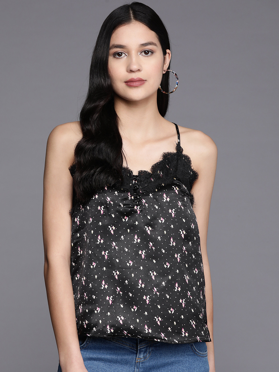 PINKSKY Floral Print Satin Top With Lace Inserts