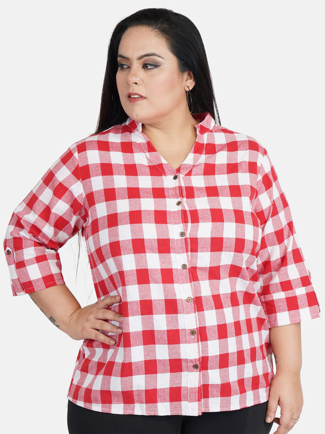 Indietoga Women Plus Size Checkered Pure Cotton Shirt