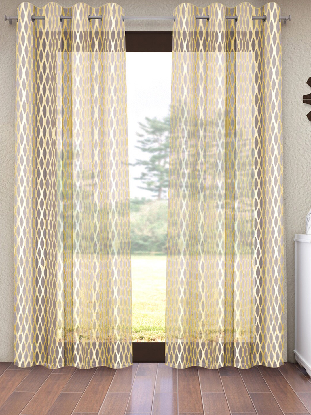 Home Sizzler Premium Diamond Cream-Coloured & Grey Set of 2 Geometric Sheer Window Curtain