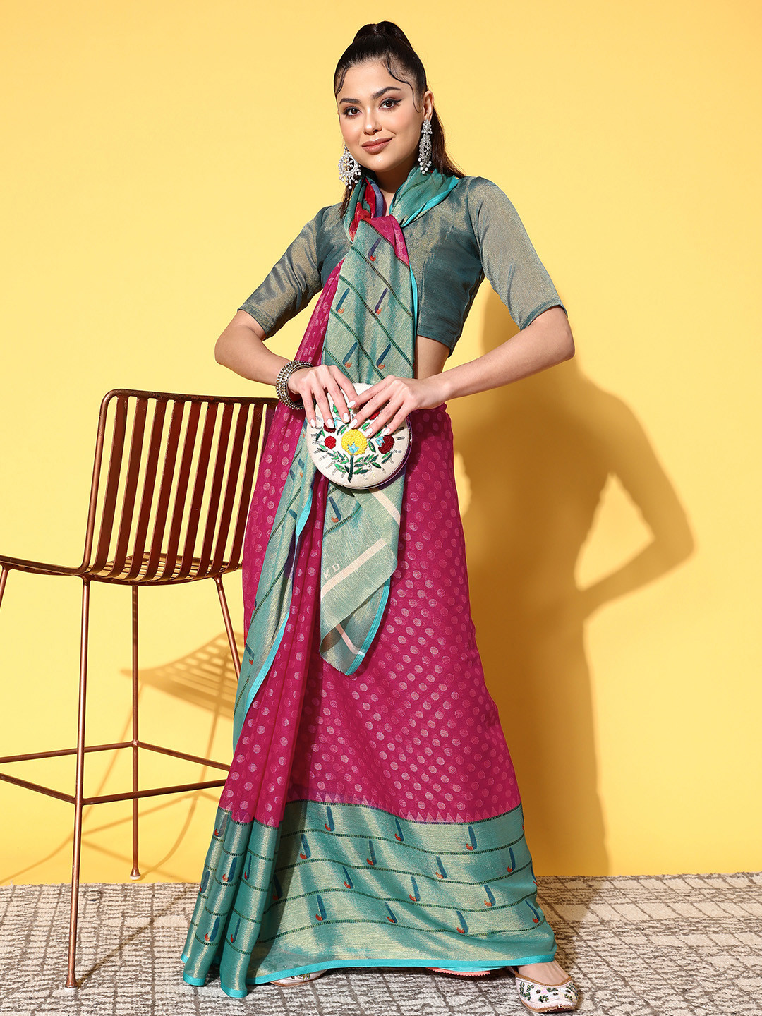 Mitera Pink & Teal Floral Phulkari Brasso Block Print Saree
