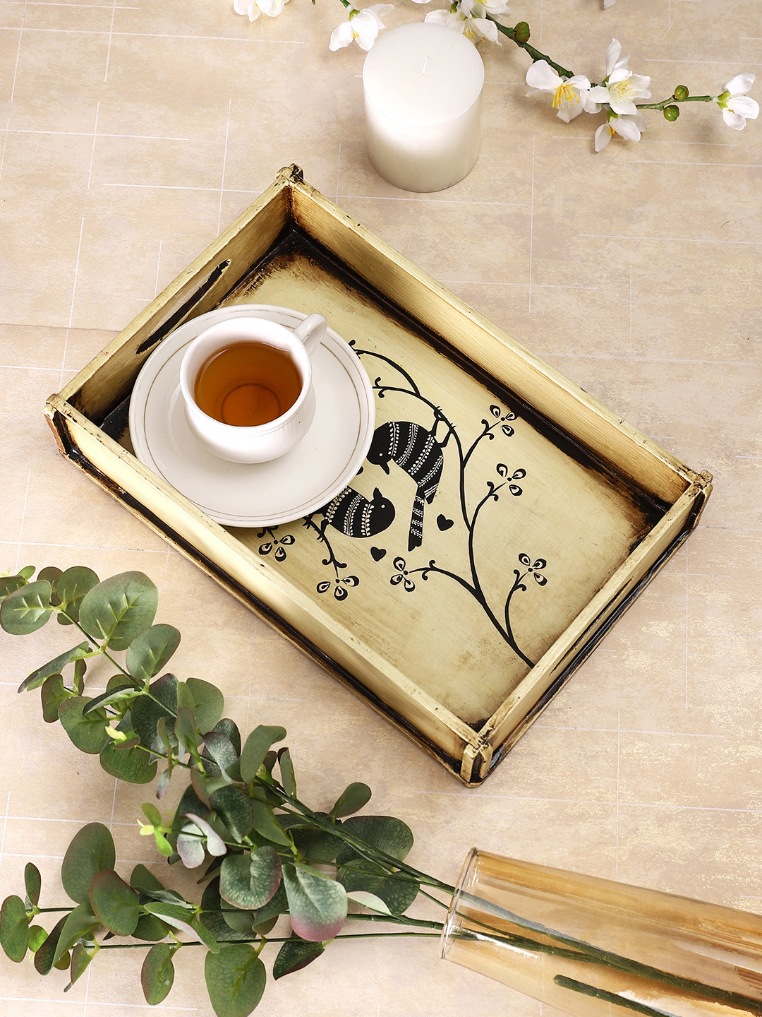 Aapno Rajasthan White & Black Love Birds Printed Wooden Serving Tray