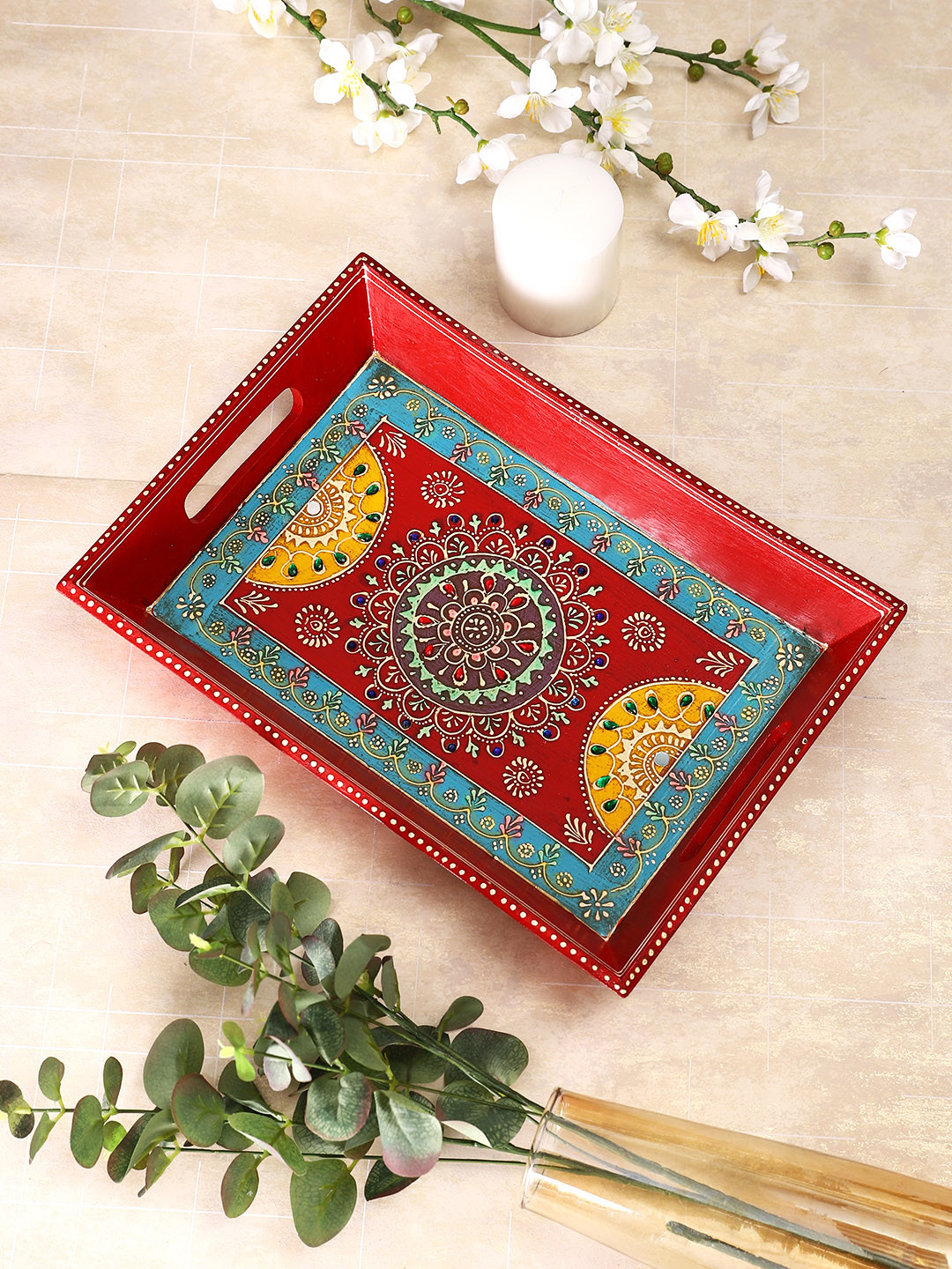 Aapno Rajasthan Red & Yellow Printed Wooden Tray