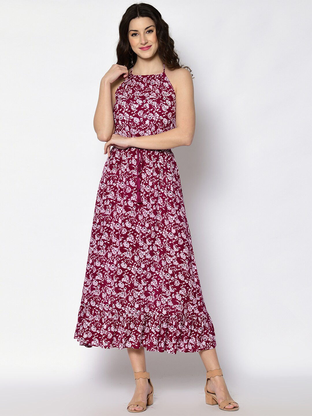 Fuchsia  Floral Printed Halter Neck Maxi Dress