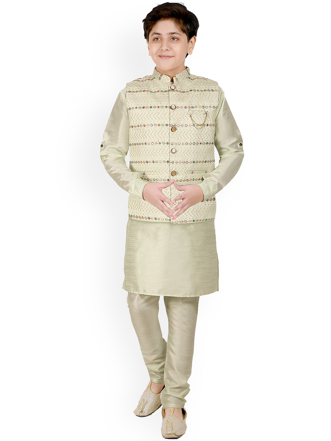 CAVIO Boys Sea Green Thread Work Kurta with Churidar
