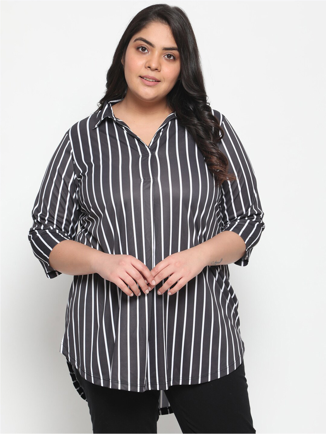 Amydus Plus Size Striped Roll-Up Sleeves Shirt Style Top