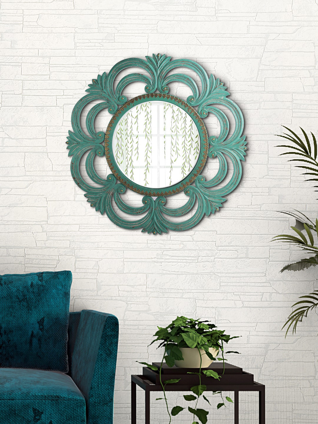 Aapno Rajasthan Vintage Style Teal-green Brass Work Textured Wooden Framed Wall Mirror