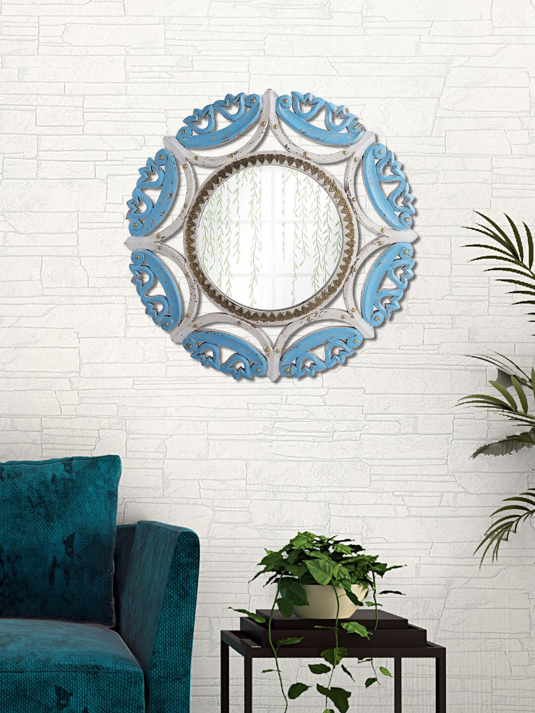 Aapno Rajasthan Blue & White Textured Wooden Round Vintage Framed Wall Mirror