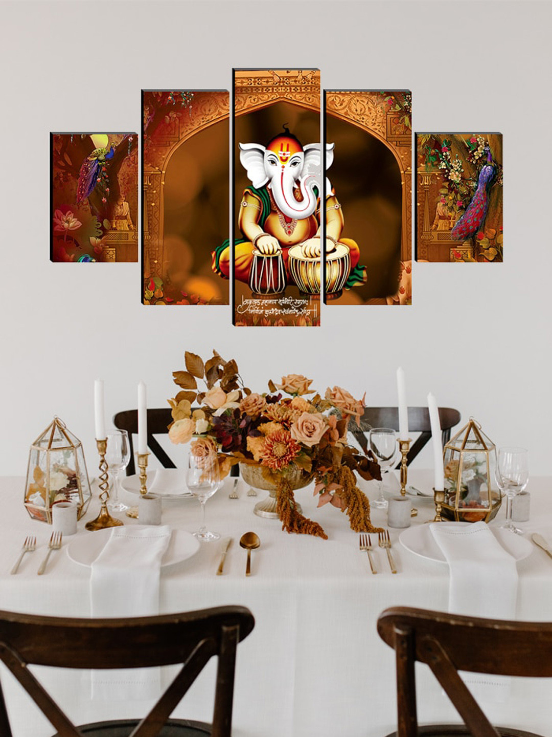 SAF Brown Set of 5 Ganesha UV Textured Wall Art