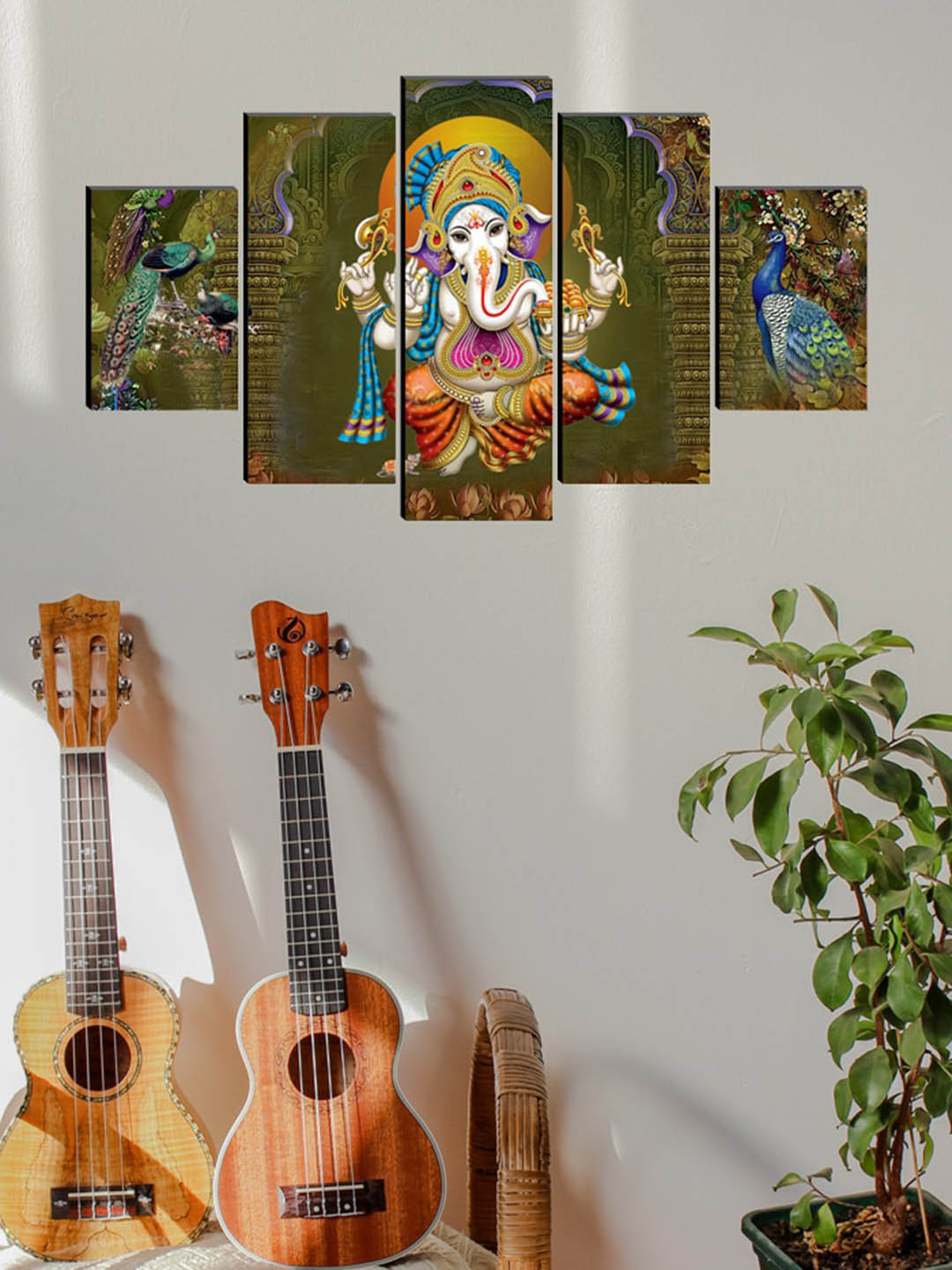 SAF Green & Yellow Set of 5 Ganesha UV Textured Wall Art