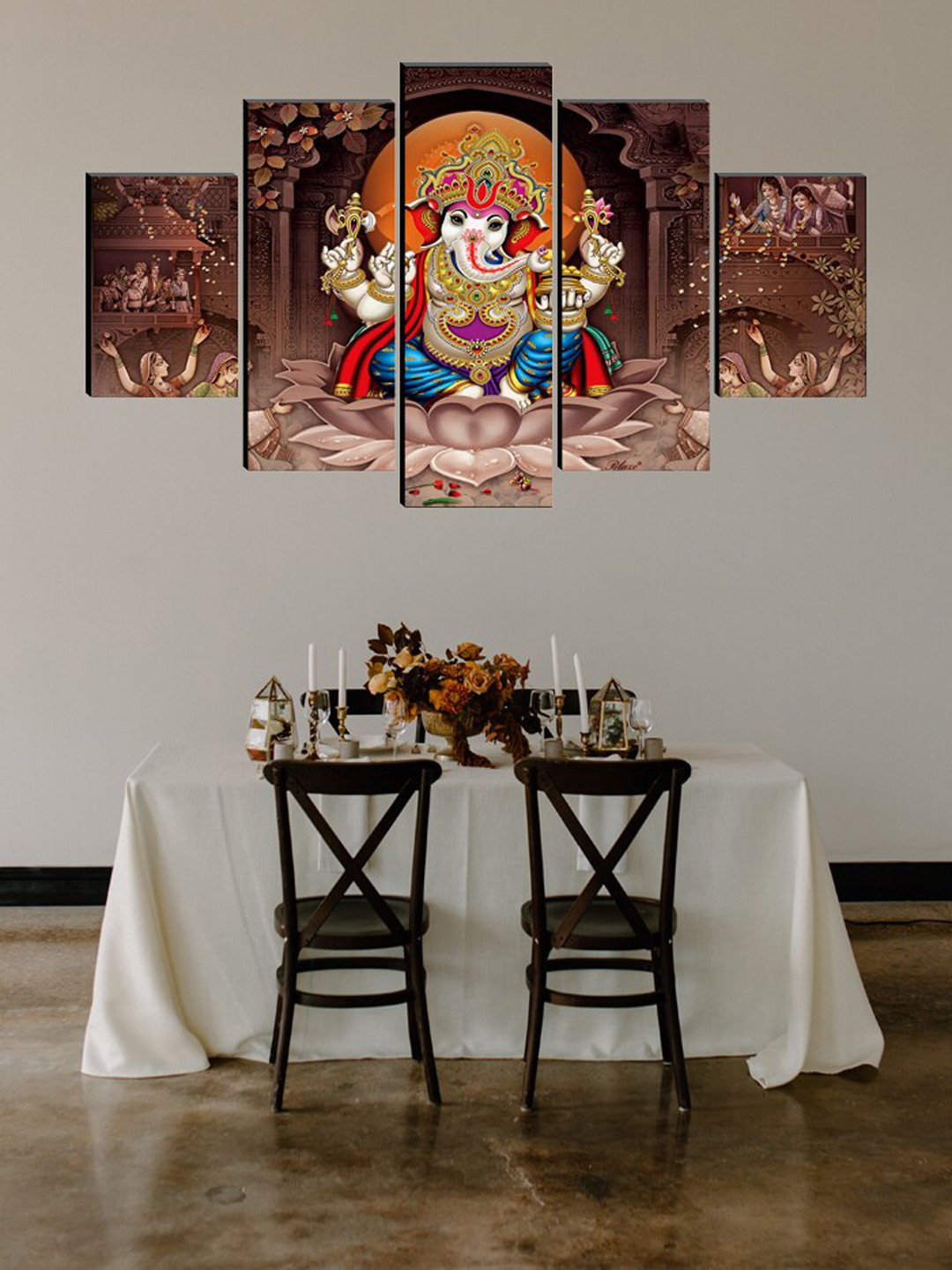 SAF Brown Set of 5 Ganesha Painting Wall Art