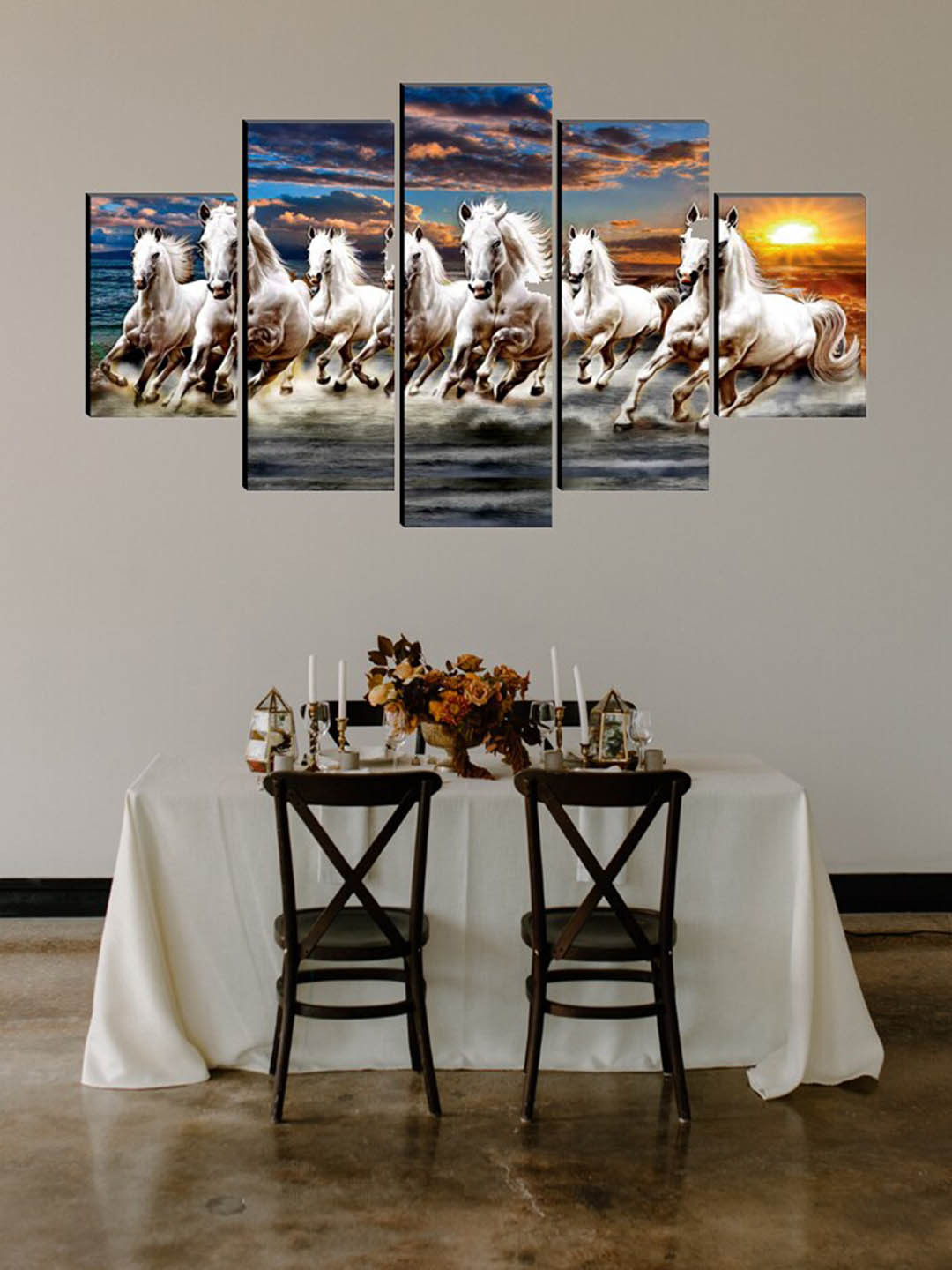 SAF Blue & White Set of 5 Seven Running Horses Painting Wall Art