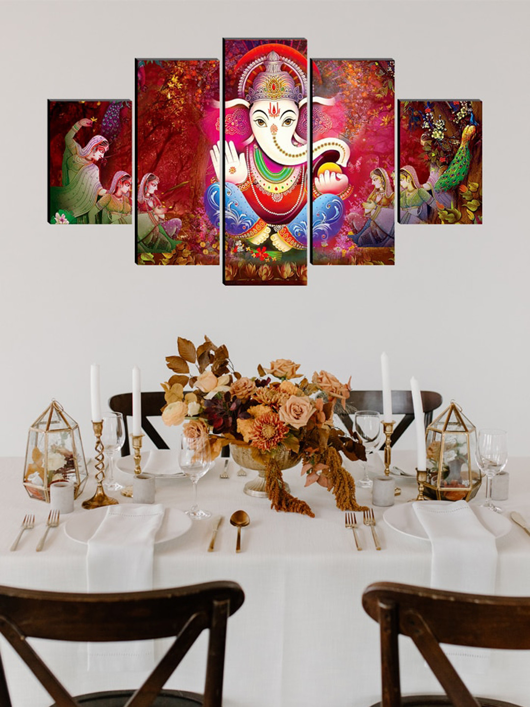 SAF Pink & Green Set of 5 Ganesha Painting Wall Art