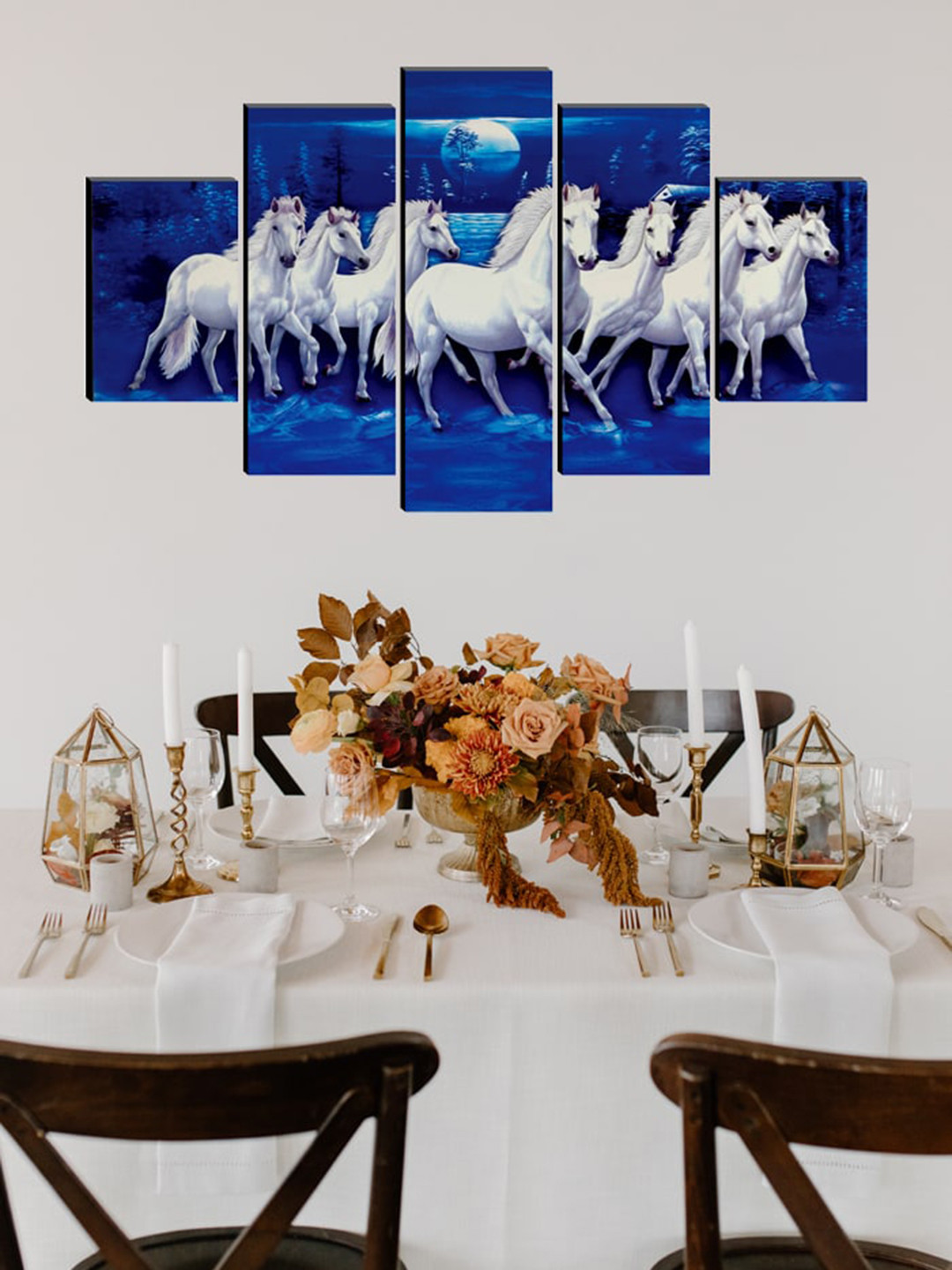 SAF Blue & White Set of 5 Seven Running Horses Painting Wall Art