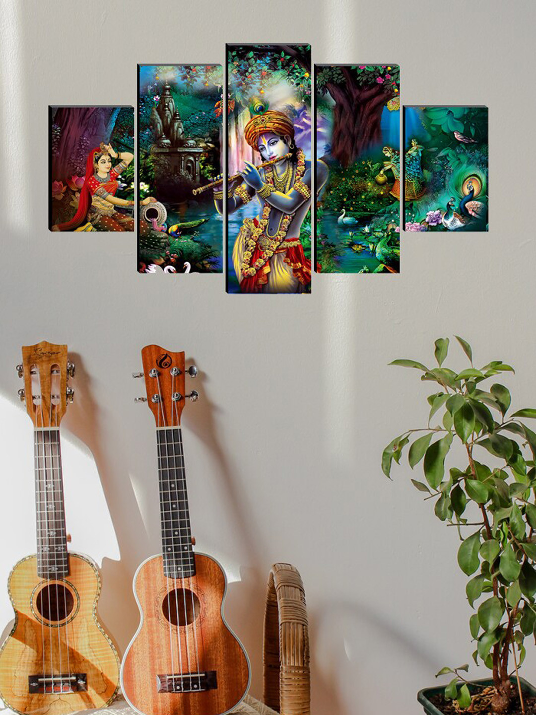 SAF Green & Red Set of 5 Radha Krishna Painting Wall Art