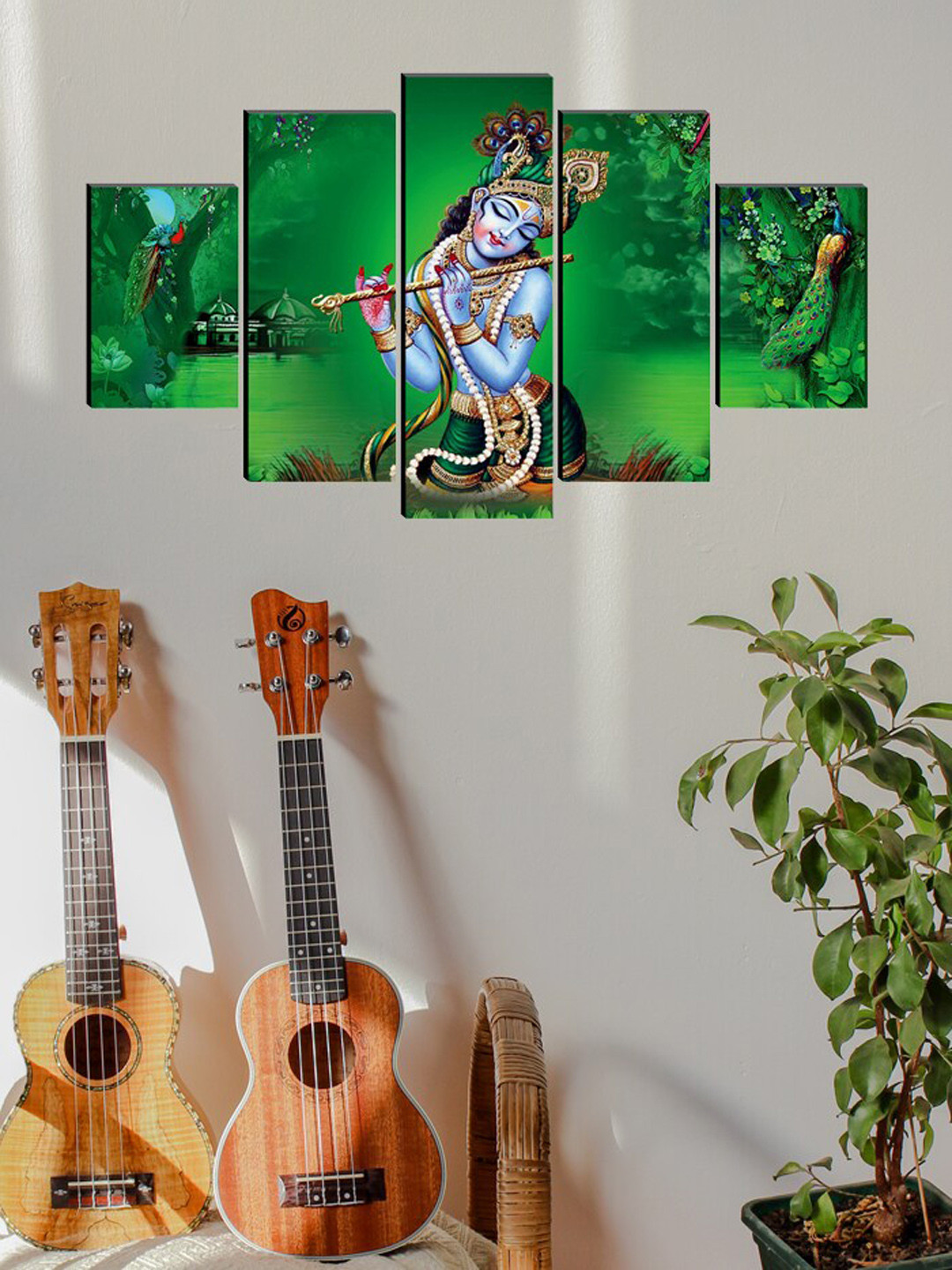 SAF Green & Blue Set of 5 Lord Krishna Painting Wall Art