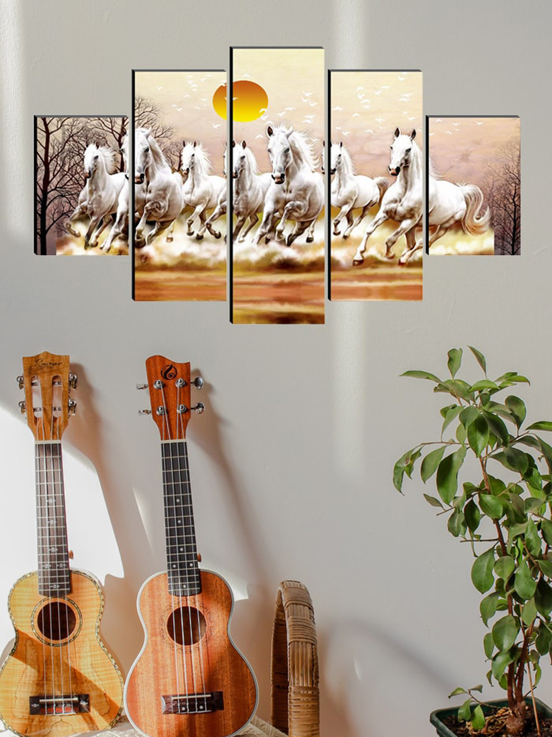 SAF Beige & White Set of 5 Seven Running Horses Painting Wall Art