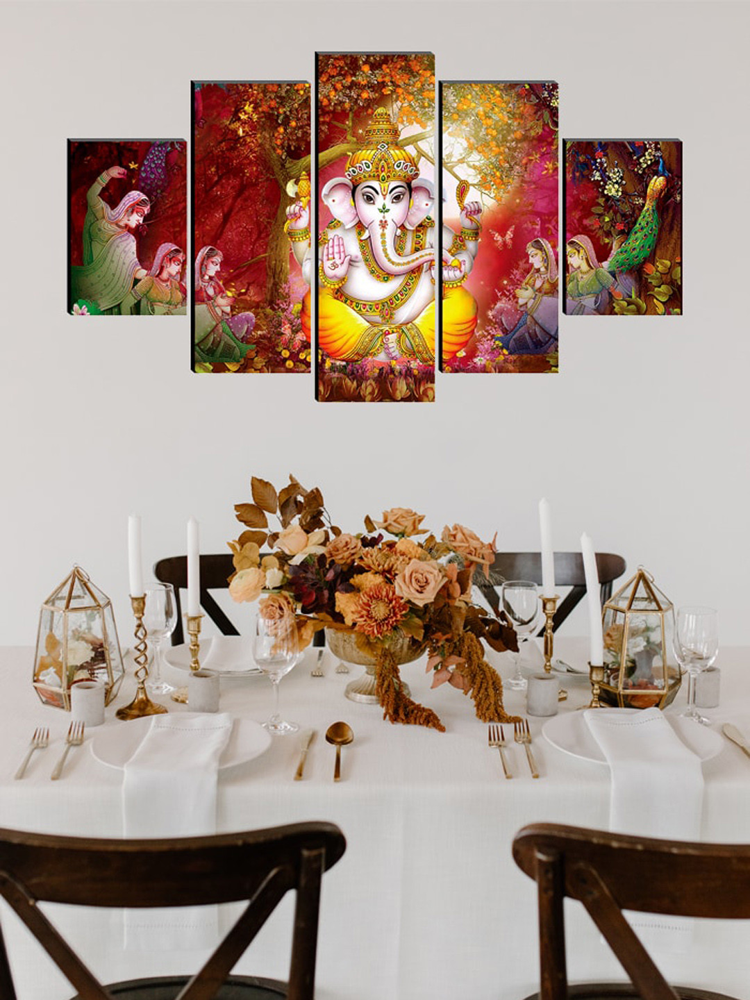 SAF Maroon & Yellow Set of 5 Ganesha UV Textured Wall Art