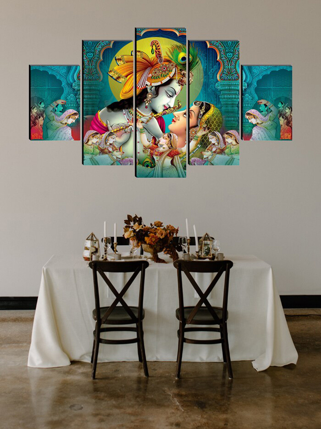 SAF Teal Blue & Yellow Set of 5 Radha Krishna Painting Wall Art