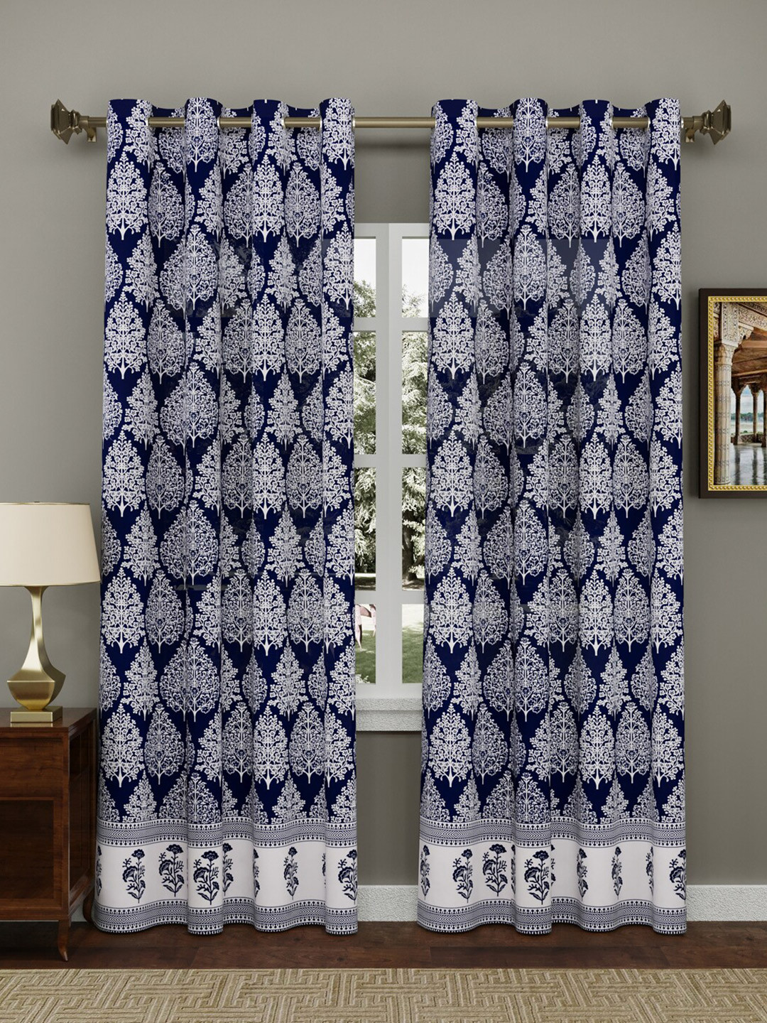 BLOCKS OF INDIA Navy Blue & White Set of 2 Ethnic Motifs Long Door Curtain
