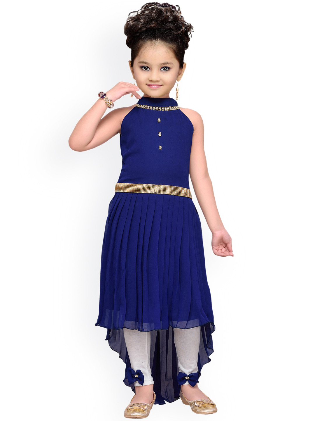 ADIVA Girls Navy Blue & White Solid Top with Churidar Leggings