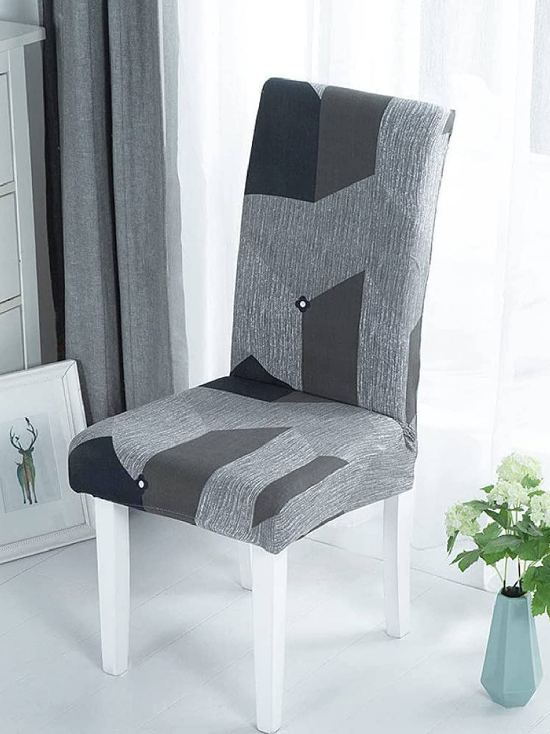 HOUSE OF QUIRK Grey Melange and Grey Geometric Printed Chair Cover