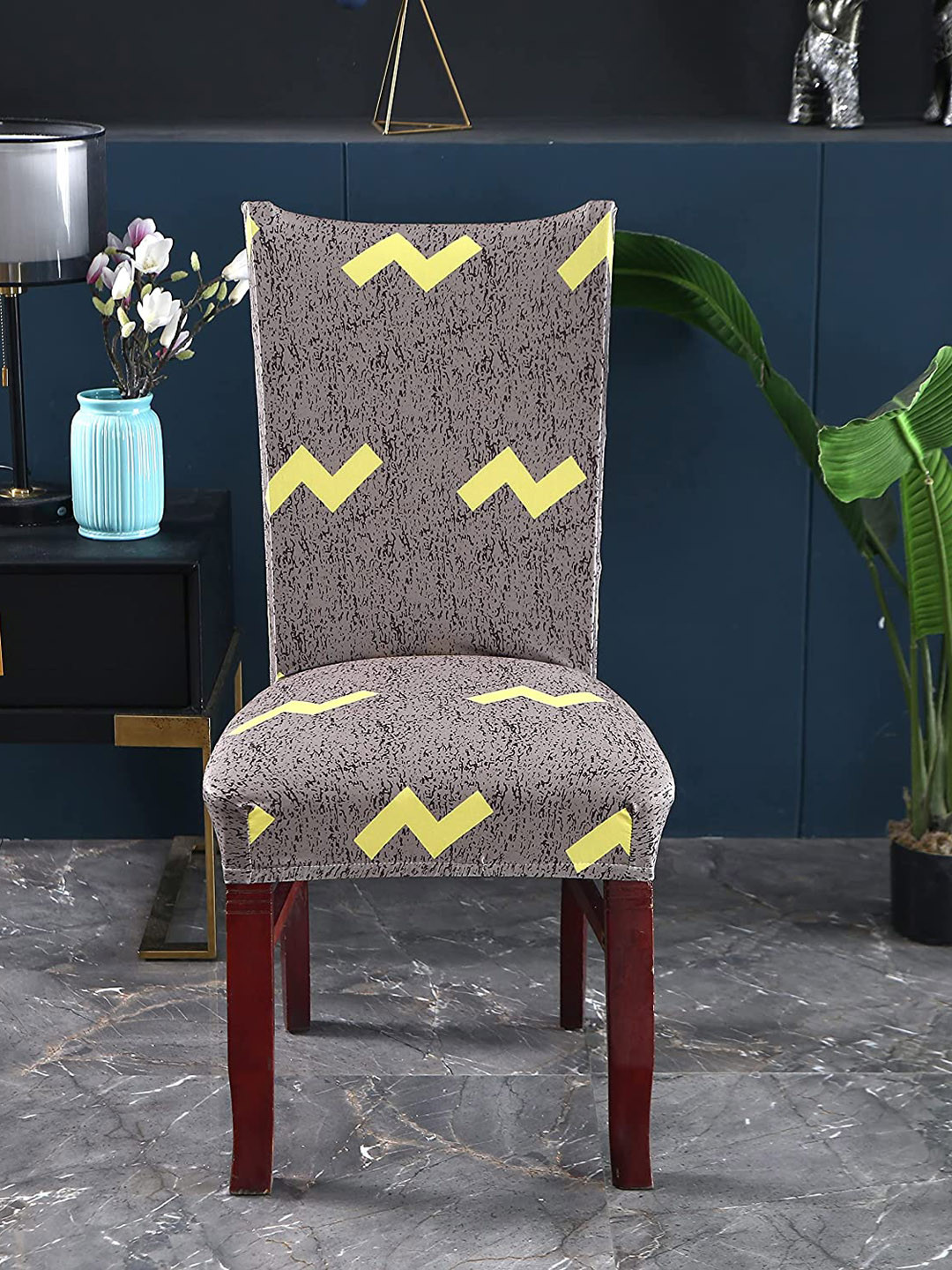 HOUSE OF QUIRK Grey and Yellow Geometric Printed Chair Cover