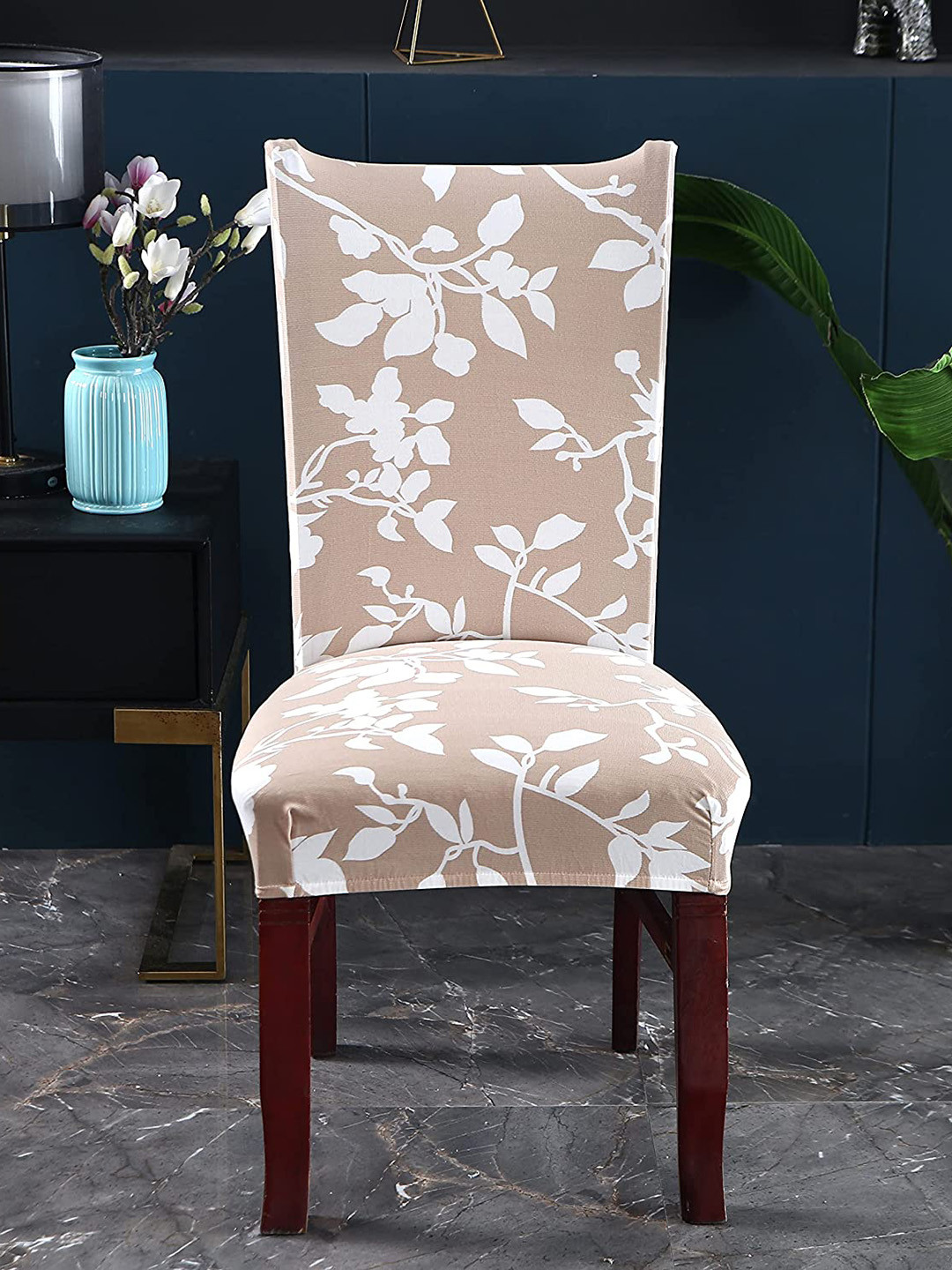 HOUSE OF QUIRK Cream & White Floral Printed Super Stretchable Chair Cover