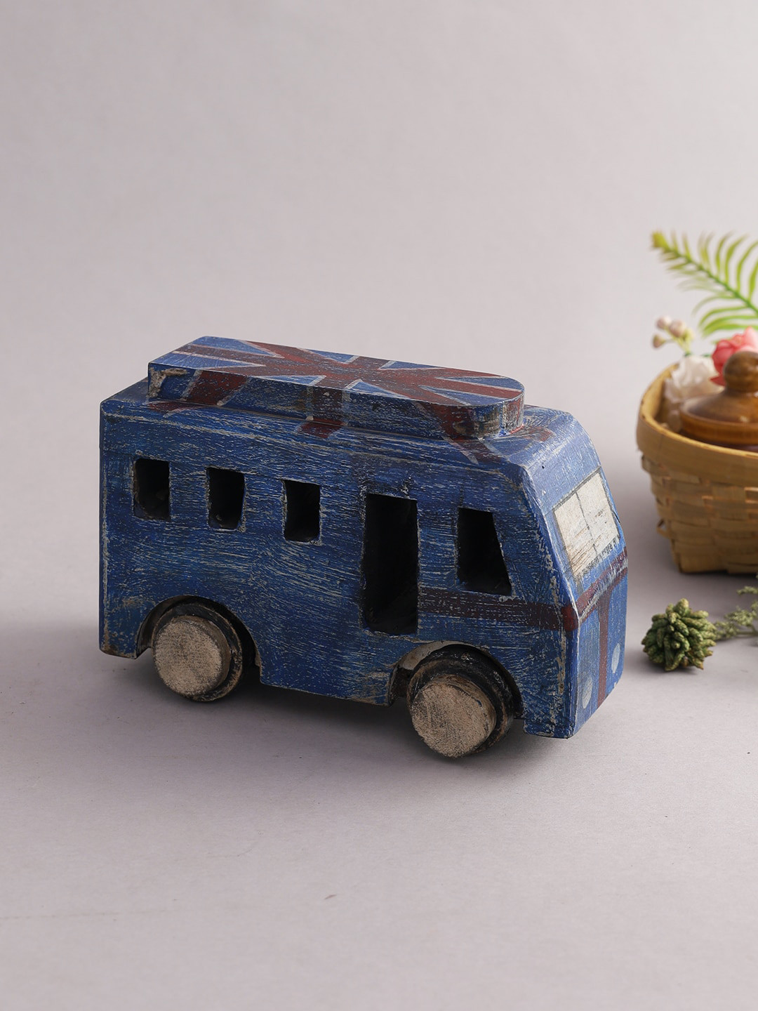 Aapno Rajasthan Vintage Style Bus Navy Blue Wood Natural Living Room Small Showpiece - 4.9 Inches