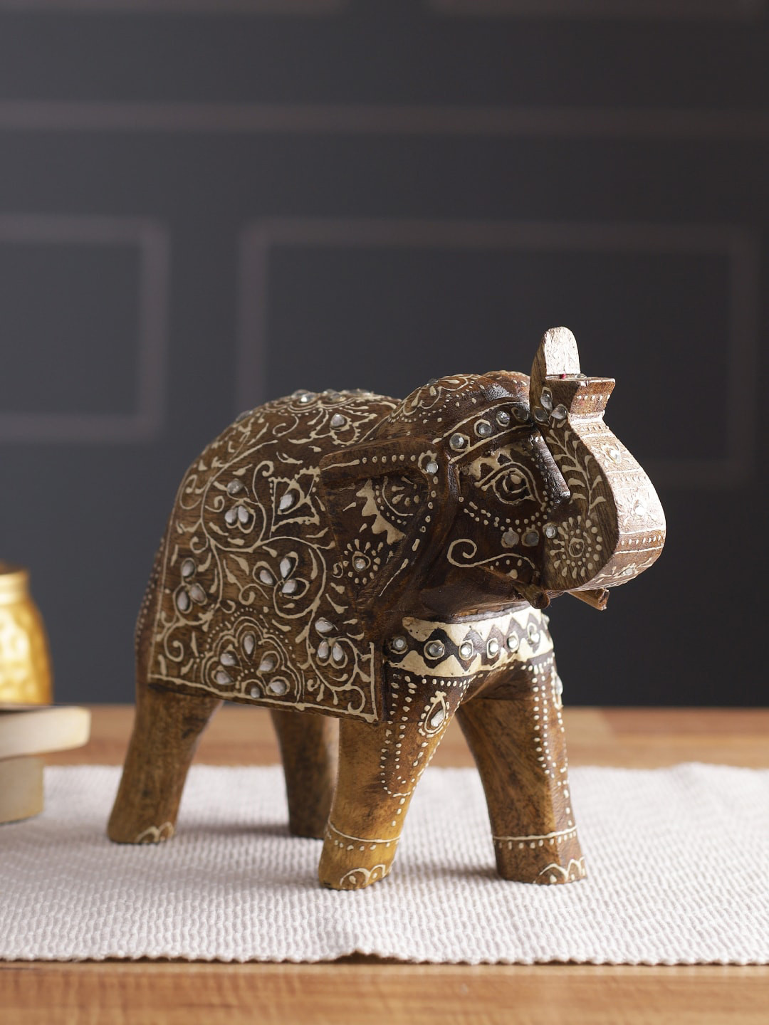 Aapno Rajasthan Elephant Brown Wood Natural Living Room Hand-Painted Small Showpiece - 8.3 Inches