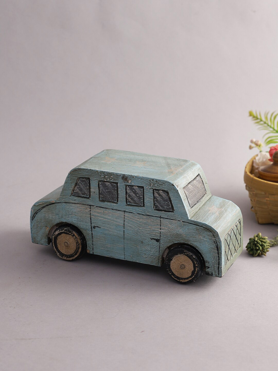 Aapno Rajasthan Car Blue Wood Natural Kid Room Small Showpiece - 4.5 Inches
