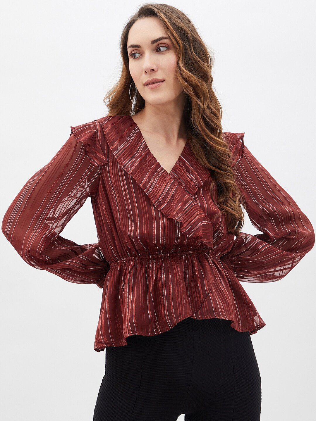 Kibo Striped Ruffles Georgette Wrap Top