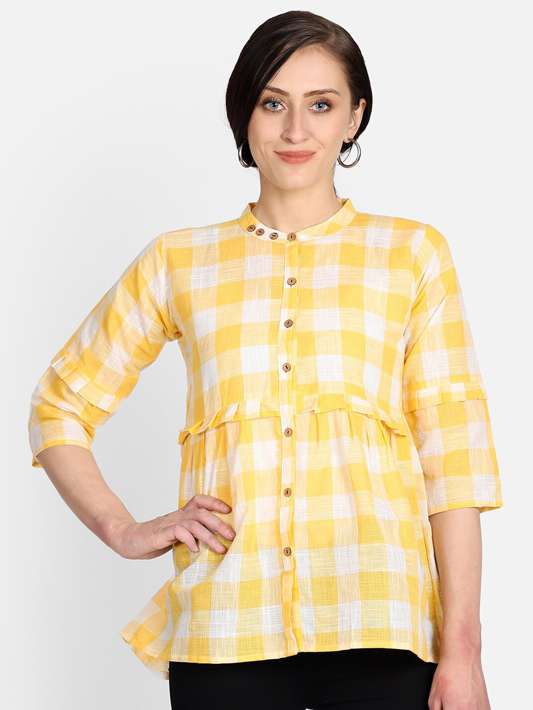 Resha Checked Mandarin Collar Shirt Style Pure Cotton Top