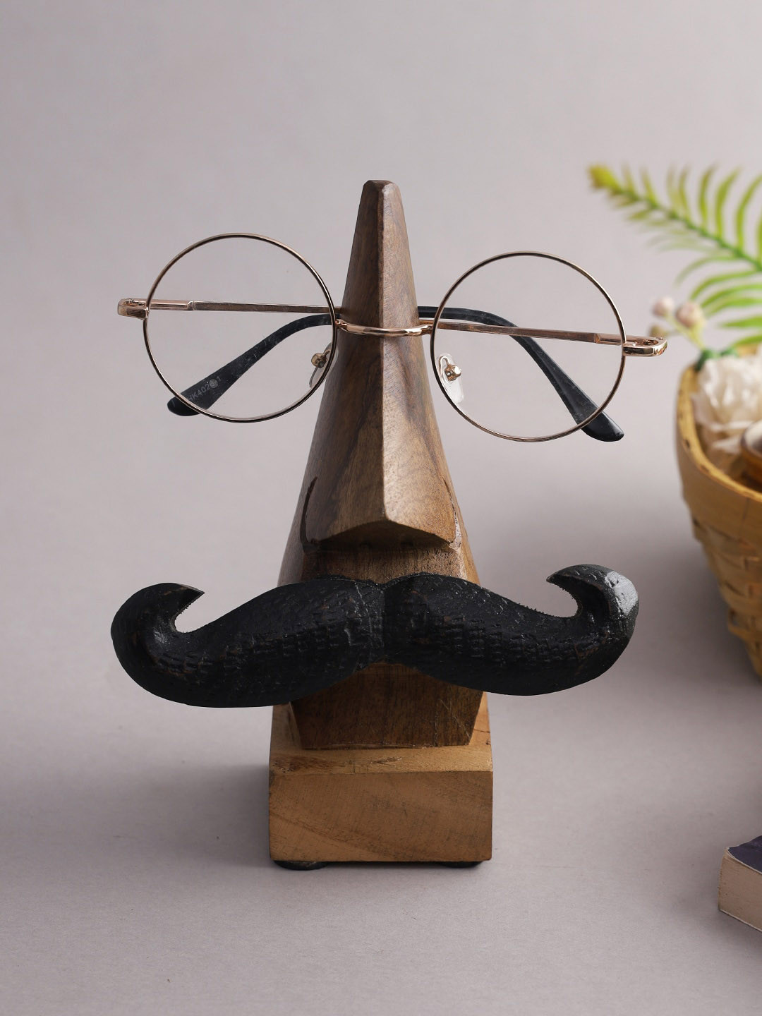 Aapno Rajasthan Brown & Black Textured Nose-Shaped Wooden Spectacle Holder