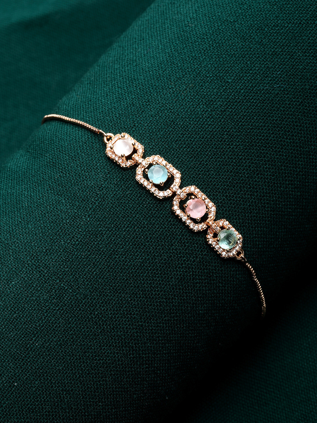 PANASH Gold-Plated AD Pink & Blue Stone-Studded Handcrafted Charm Bracelet