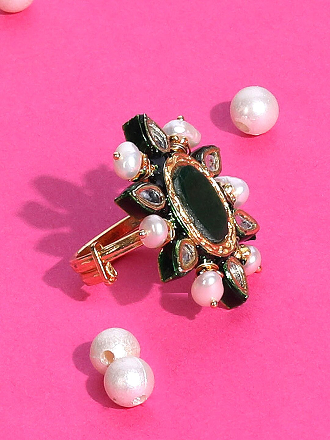 AURAA TRENDS Sterling Silver Gold-Plated Kundan Studded & Beaded Finger Ring