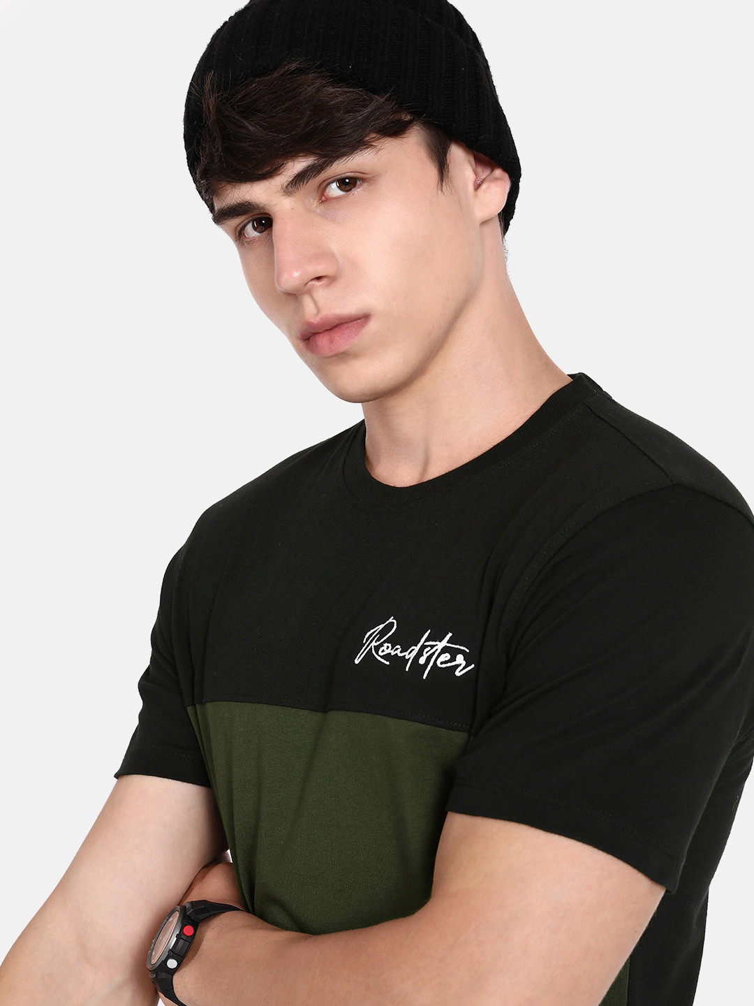 The Roadster Life Co. Olive Green & Black Patched & Panelled Pure Cotton T-shirt