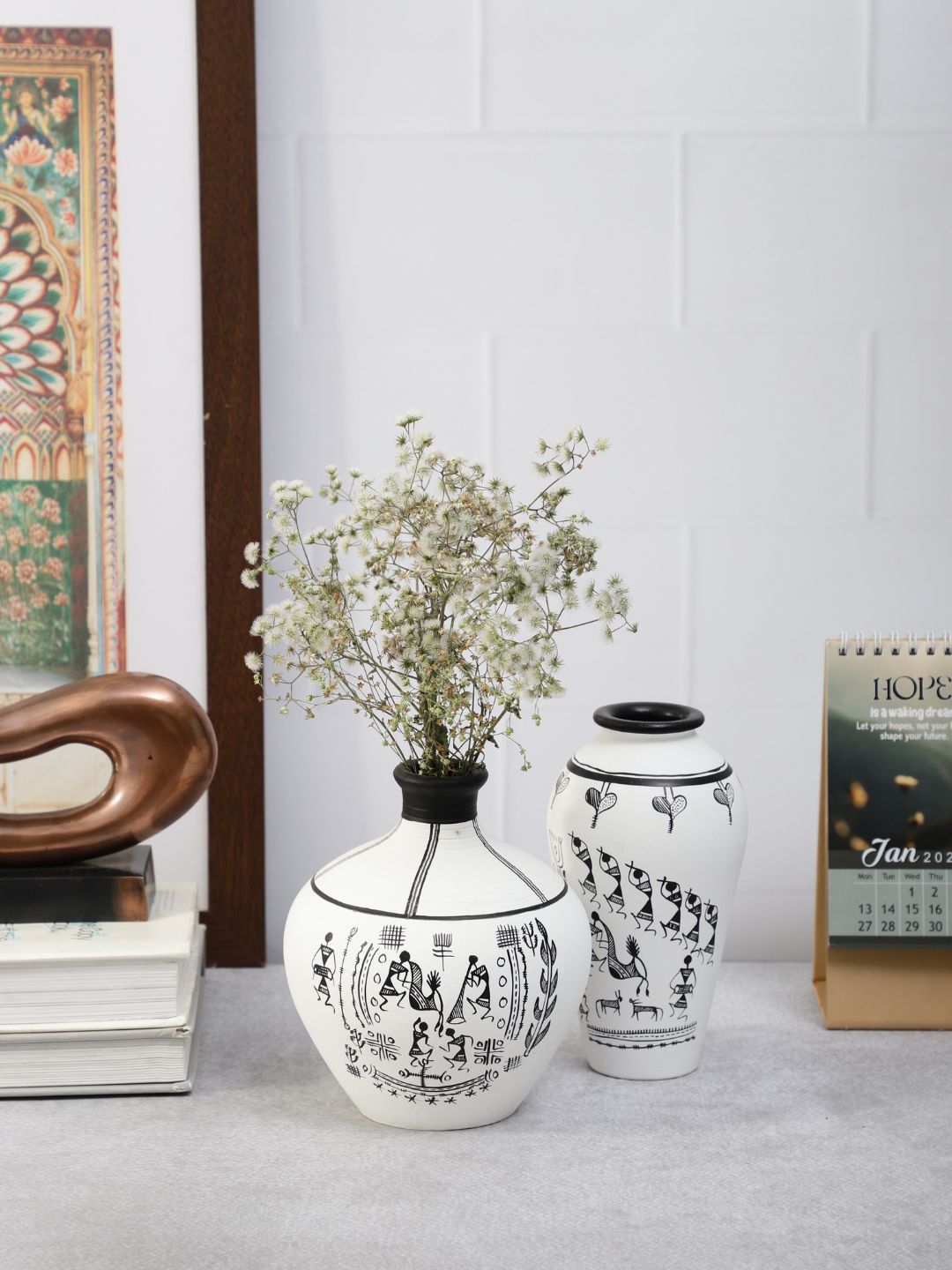 VarEesha Set of 2 White & Black Terracotta Warli Handpainted Vases