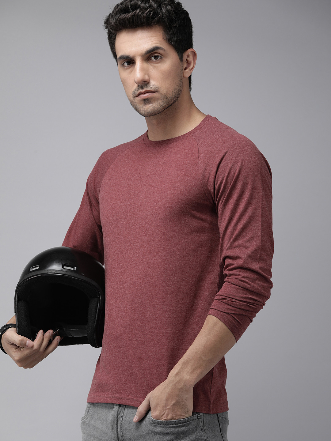 The Roadster Lifestyle Co. Men Raglan Long Sleeves Solid T-shirt