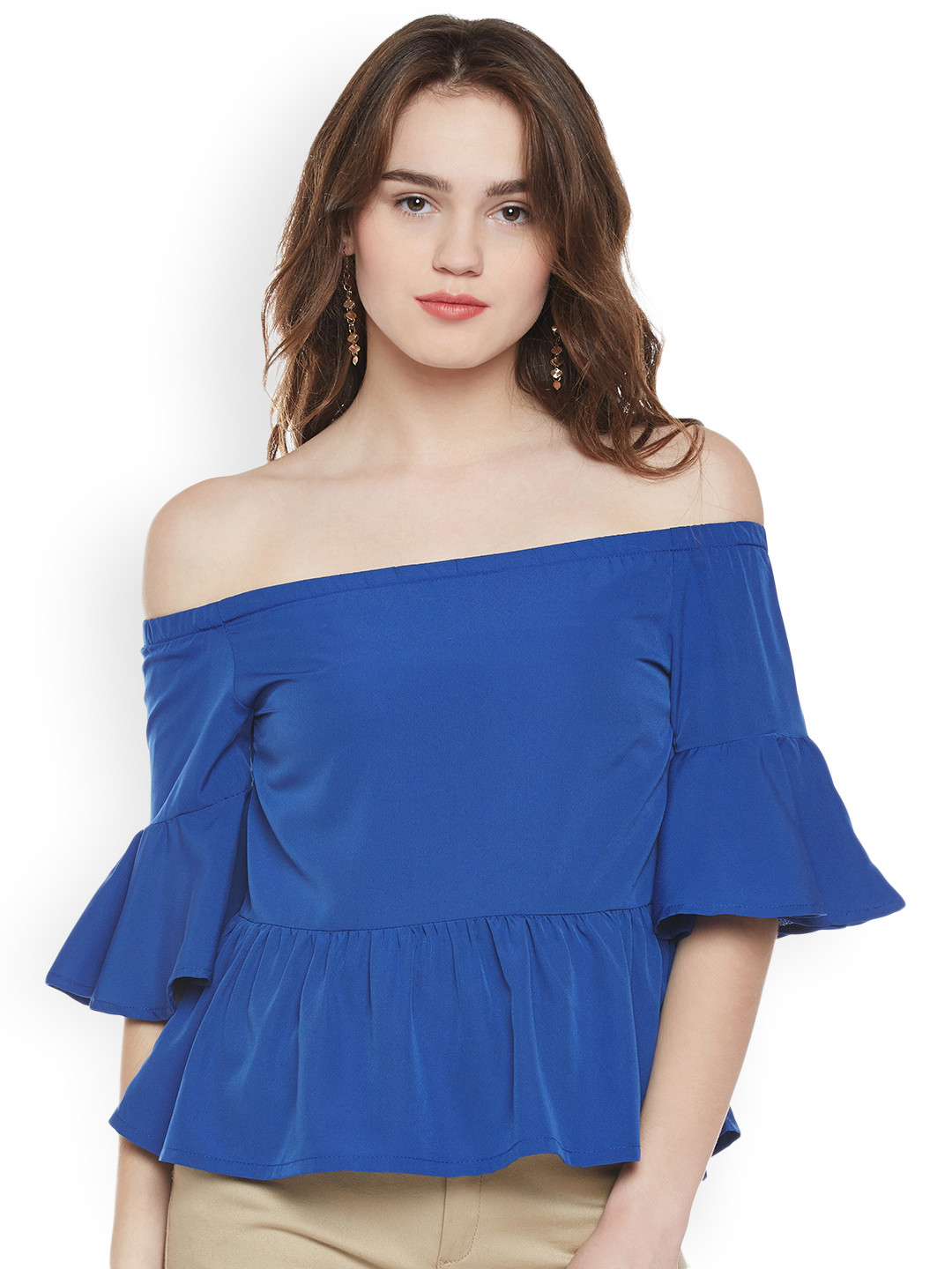Popnetic Women Blue Solid Peplum Off-Shoulder Top