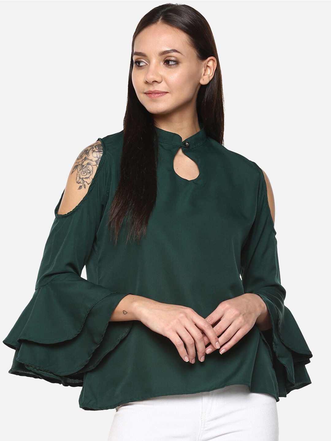 Indietoga Women Keyhole Neck Georgette Cold Shoulder Ruffle Top